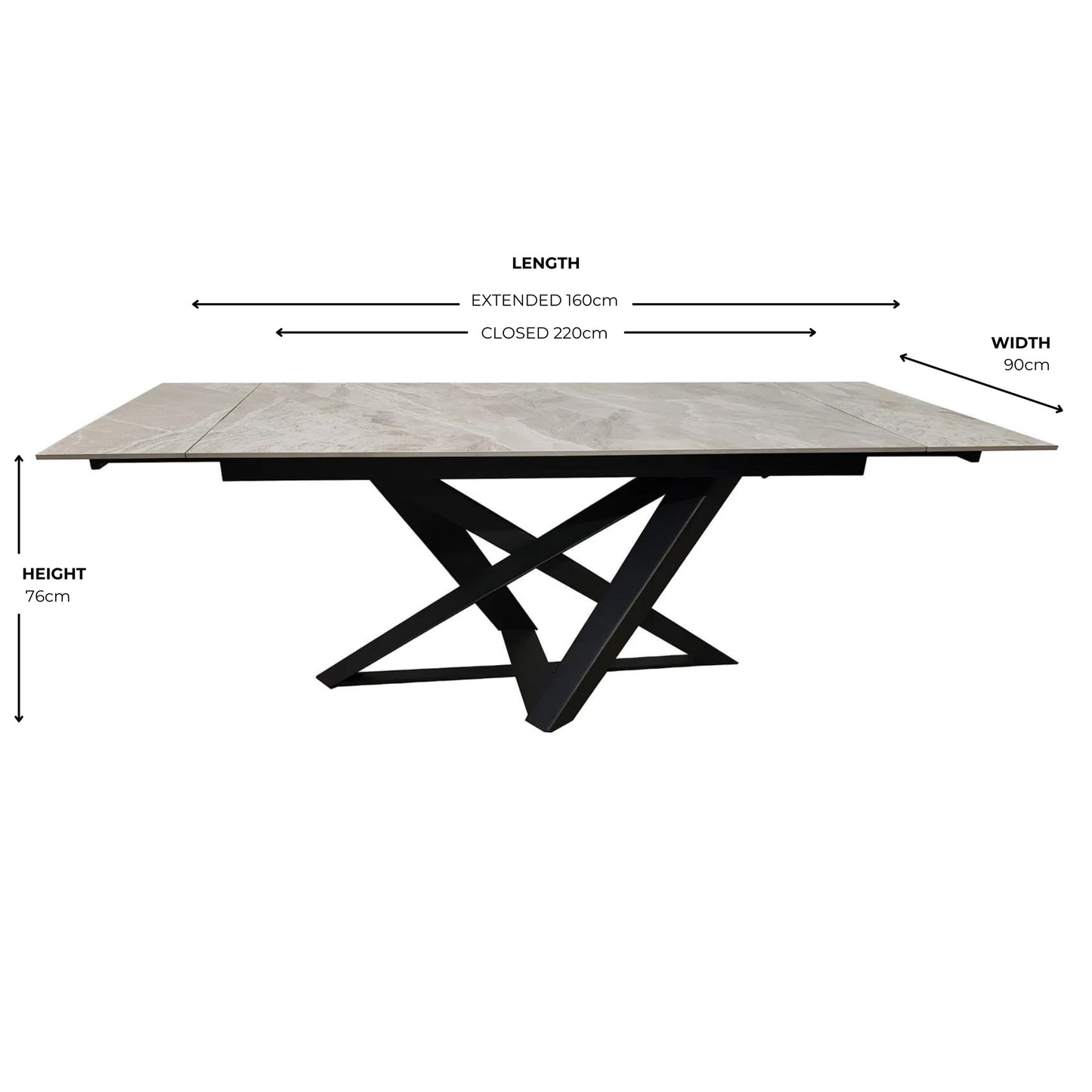 Table à manger extensible en céramique grise effet marbre avec base noire