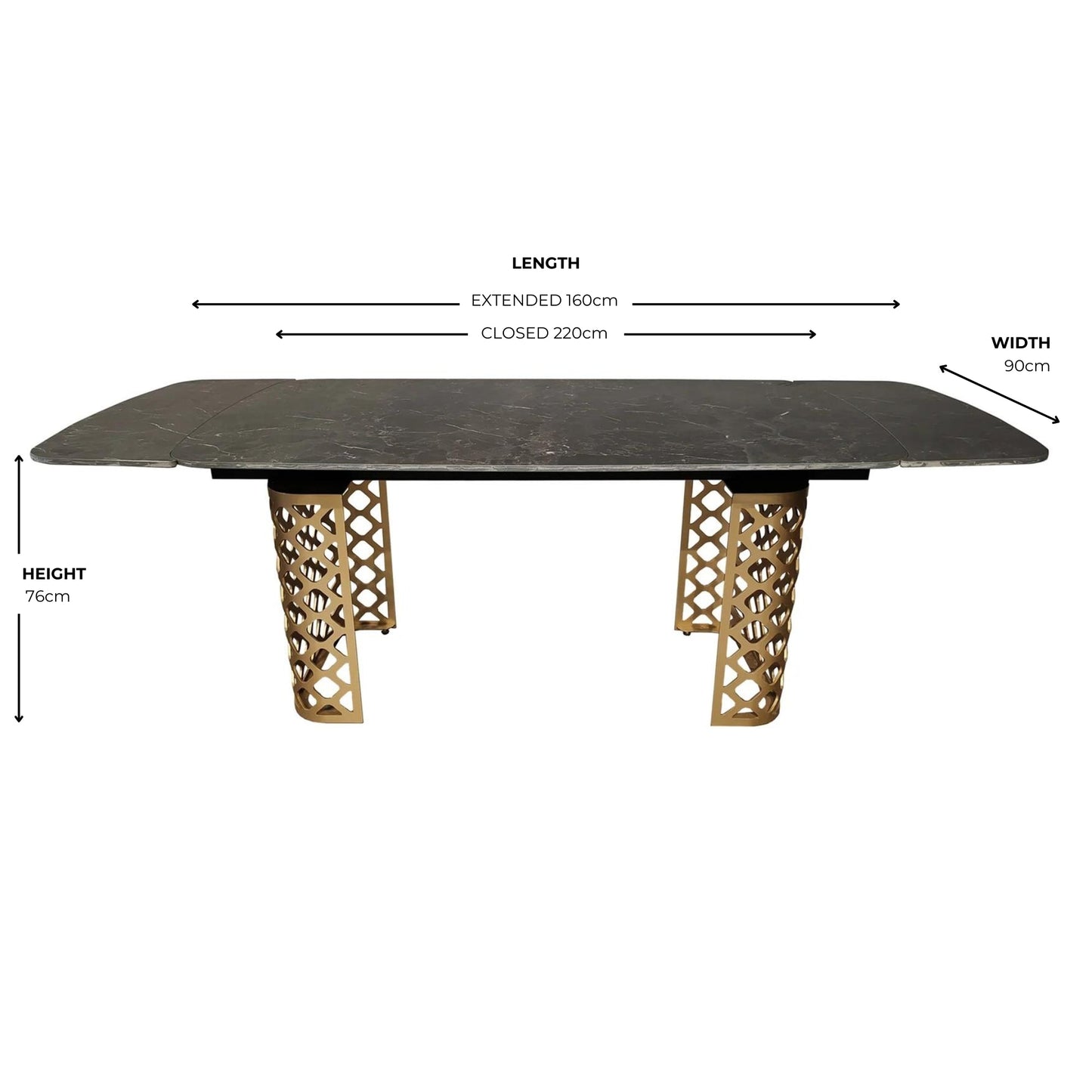 Table à manger extensible en céramique noire effet marbre avec base dorée