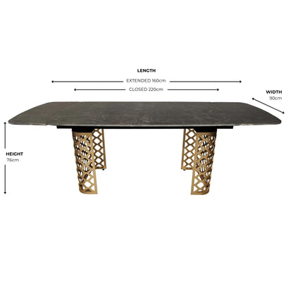 Table à manger extensible en céramique noire effet marbre avec base dorée