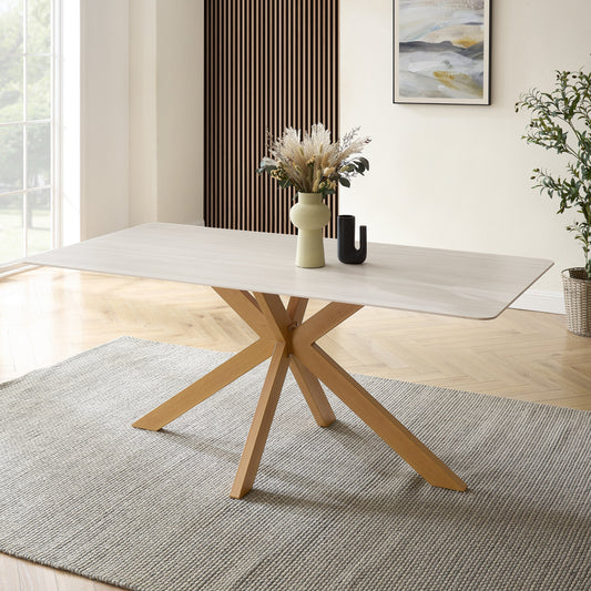 Table à manger Athens en céramique blanche avec base effet bois naturel
