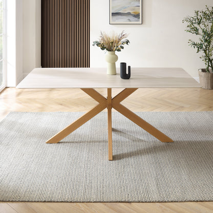 Table à manger Athens en céramique blanche avec base effet bois naturel