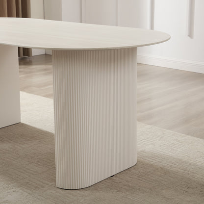 Table à manger Sofia en céramique blanche avec base côtelée crème