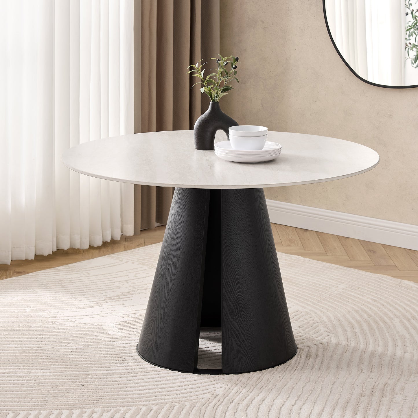 Table à manger ronde Maya en céramique crème clair avec base noire