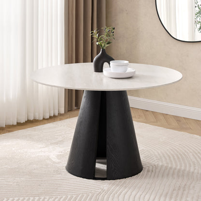 Table à manger ronde Maya en céramique crème clair avec base noire