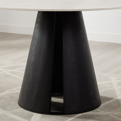 Table à manger ronde Maya en céramique crème clair avec base noire