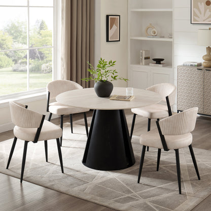 Table à manger ronde Maya en céramique crème clair avec base noire