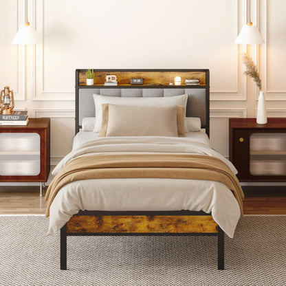 Cadre de lit plateforme en métal pour lit simple, double, queen ou king size avec tête de lit rembourrée et rangement