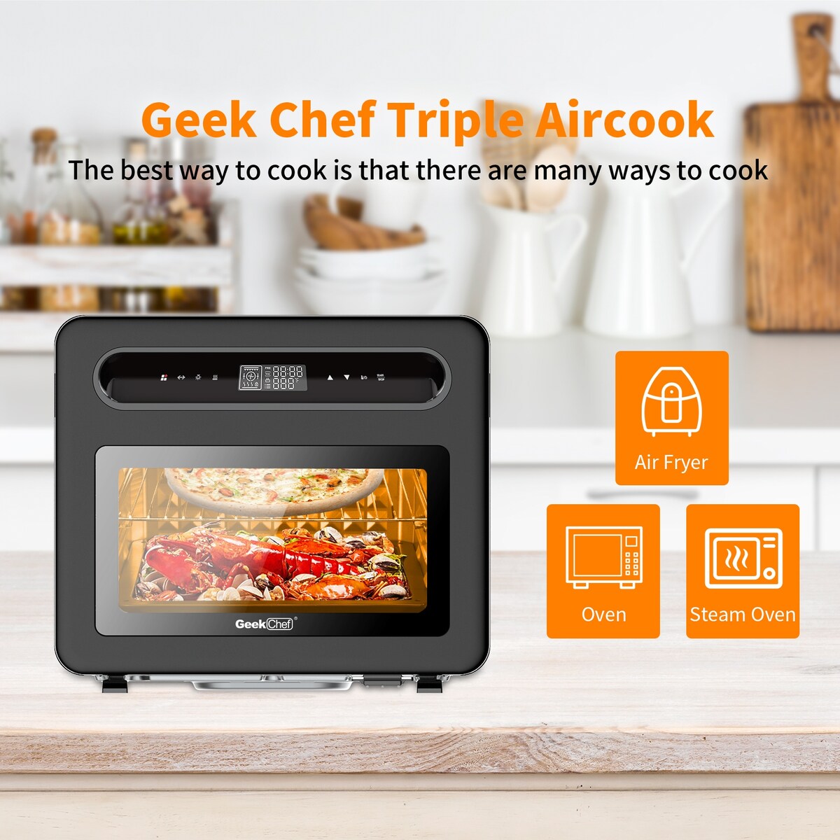 Four à pain combiné Geek Chef 26 QT avec friteuse à air et vapeur, 50 préréglages de cuisson, acier inoxydable noir