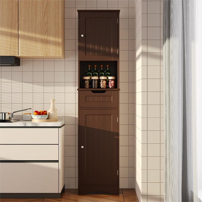 Armoire à linge étroite de salle de bain de 67 po de hauteur, meuble de rangement autoportant en bois massif à 5 niveaux