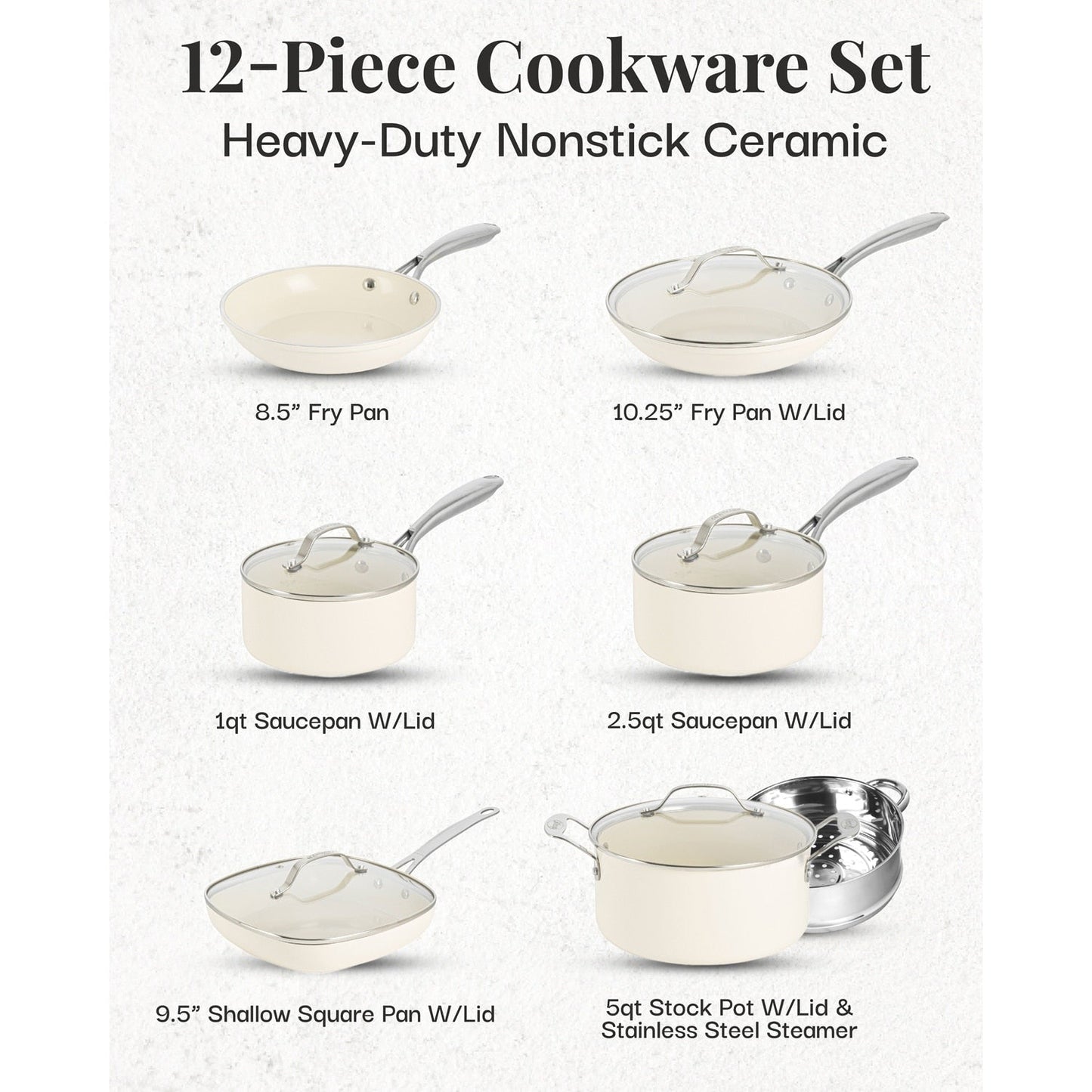 Batterie de cuisine Gotham Steel Cream 12 pièces, casseroles et poêles, en céramique ultra antiadhésive avec poignées isolantes