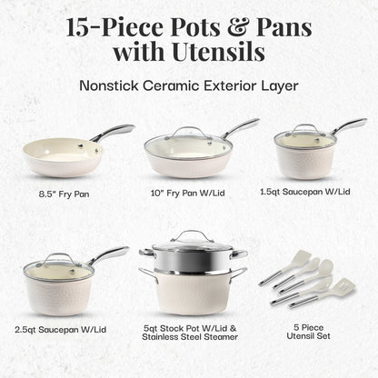 Batterie de cuisine antiadhésive en céramique ultra-résistante Gotham Steel Hammered Cream, 15 pièces, avec ustensiles