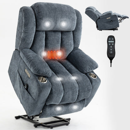 Fauteuil inclinable électrique en chenille grise avec massage, chauffage lombaire, ports USB et Type-C et porte-gobelets en acier inoxydable