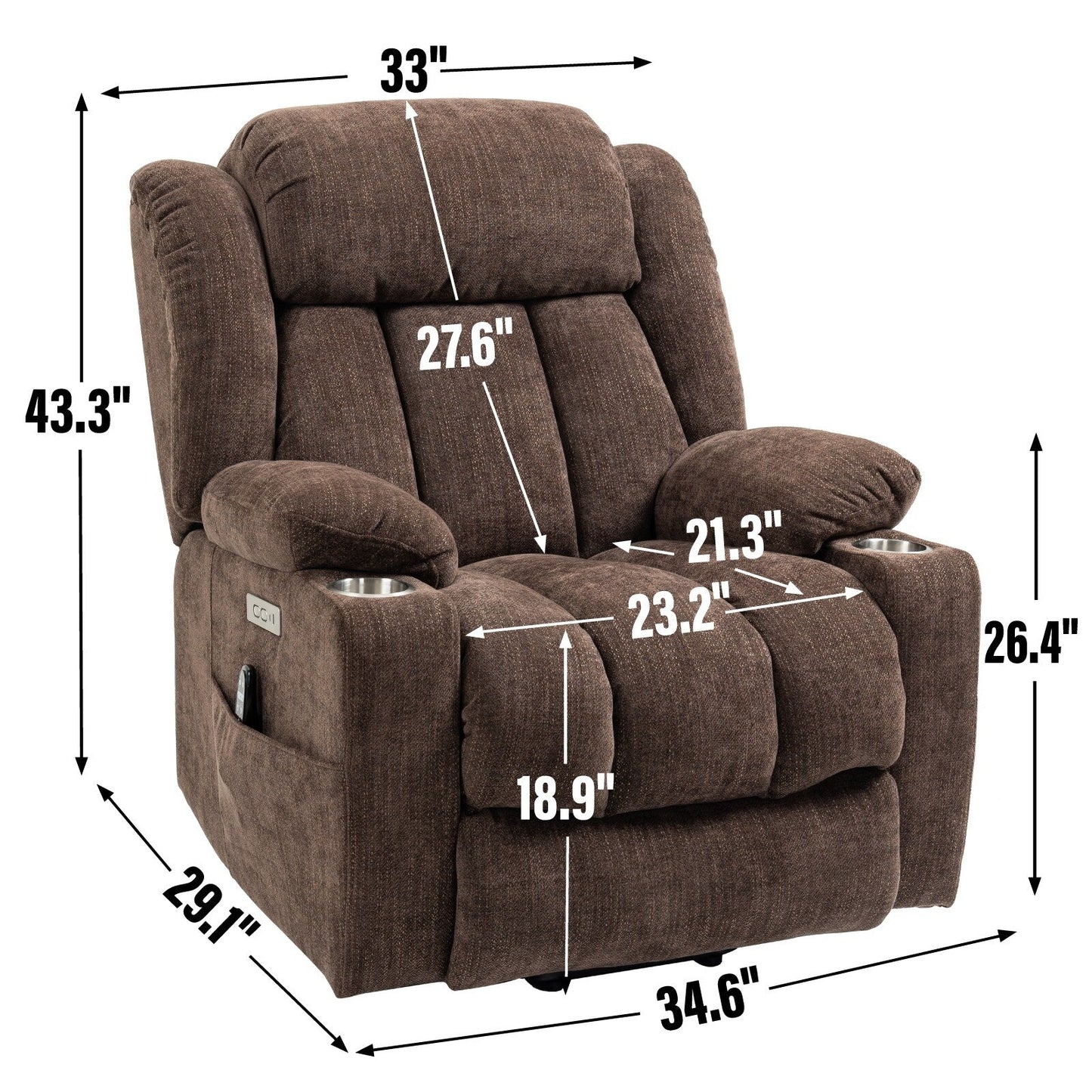 Fauteuil inclinable électrique en chenille grise avec massage, chauffage lombaire, ports USB et Type-C et porte-gobelets en acier inoxydable