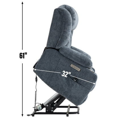 Fauteuil inclinable électrique en chenille grise avec massage, chauffage lombaire, ports USB et Type-C et porte-gobelets en acier inoxydable