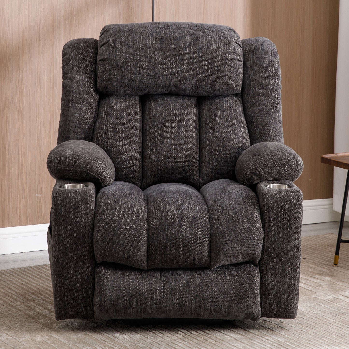 Fauteuil inclinable électrique en chenille grise avec massage, chauffage lombaire, ports USB et Type-C et porte-gobelets en acier inoxydable
