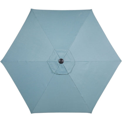 Ensemble de salle à manger Hanover Lavallette 5 pièces bleu océan avec 4 chaises fixes, une table ronde en verre de 132 cm, un parasol et un socle.