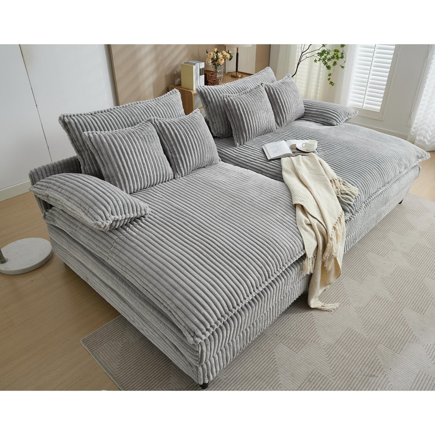 Canapé-lit Harmonia 109 W surdimensionné en velours côtelé, siège profond, double méridienne avec 4 oreillers