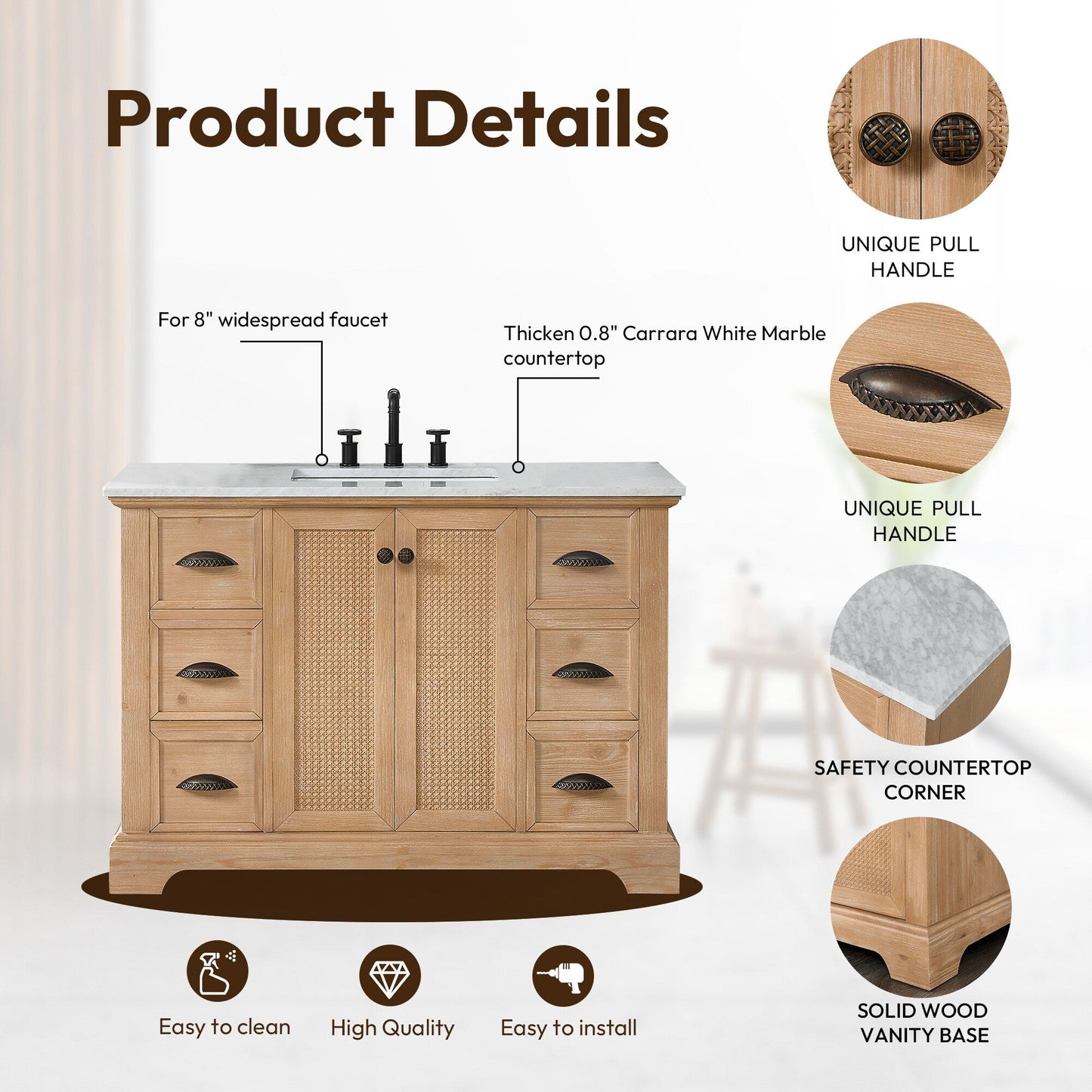 Meuble-lavabo Hervas avec plateau en marbre naturel sans miroir