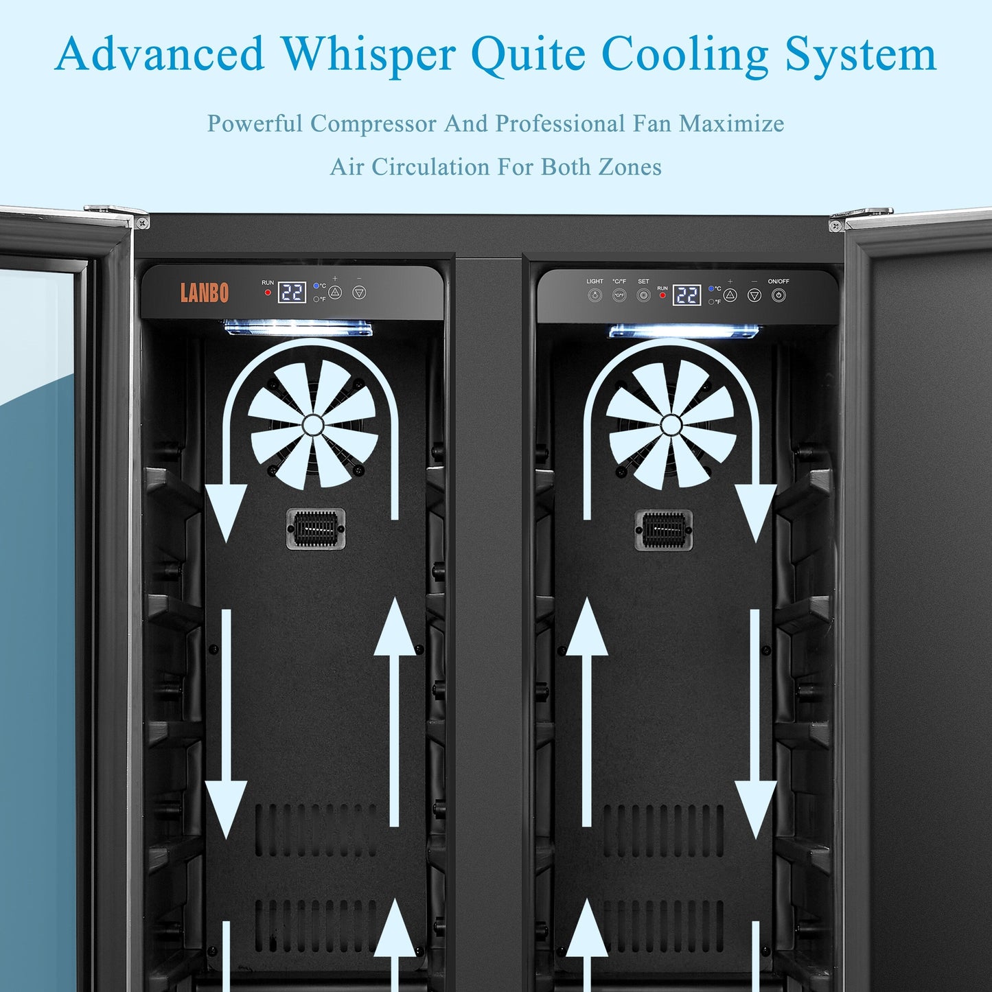 Réfrigérateur Lanbo 24 pouces à double zone, 18 bouteilles de vin et 55 canettes de boissons, en acier inoxydable et verre, avec porte française