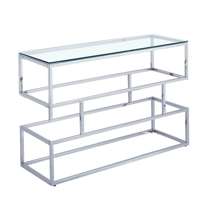 Console Lina en chrome argenté avec plateau en verre transparent