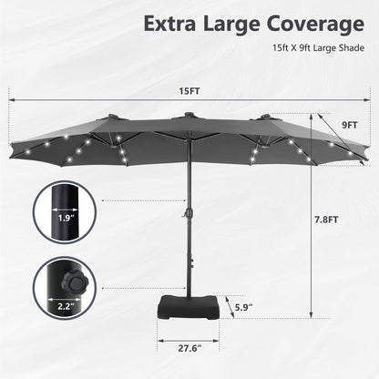 MAISON ARTS Parasol de marché extérieur rectangulaire à manivelle double face de 15 pieds Parasol de patio éclairé par LED solaire avec base incluse