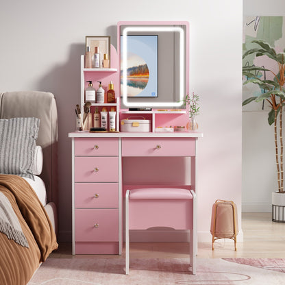 Coiffeuse avec éclairage LED, miroir et tabouret