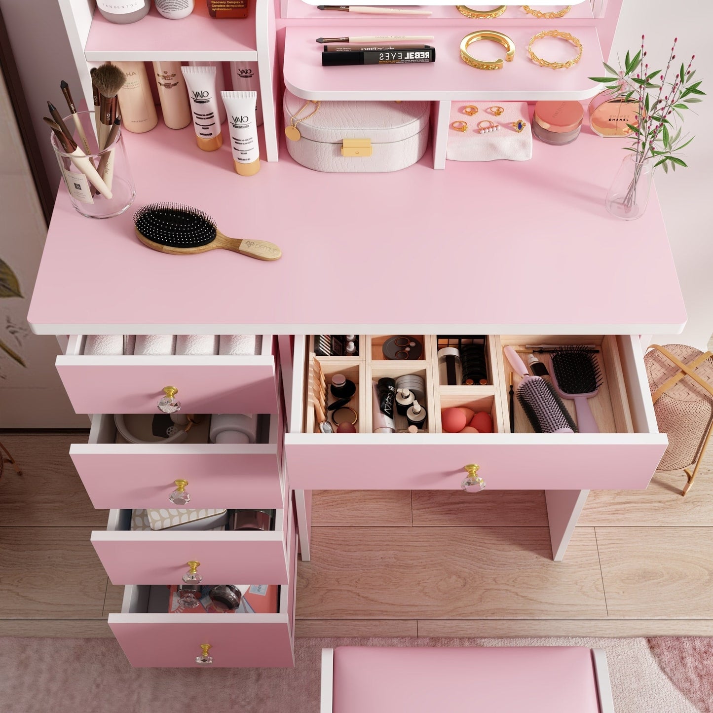 Coiffeuse avec éclairage LED, miroir et tabouret