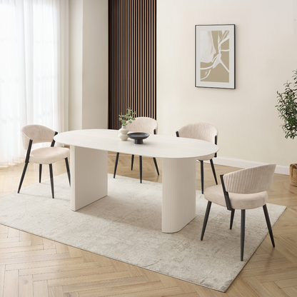 Table à manger Sofia en céramique blanche avec base côtelée crème