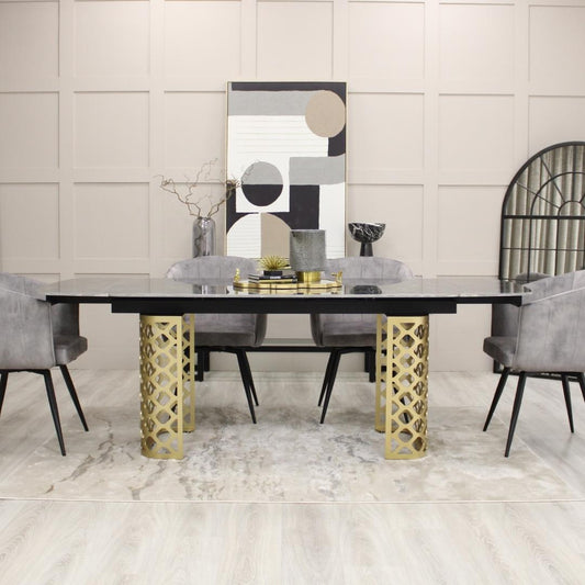 Table à manger extensible en céramique noire effet marbre avec base dorée