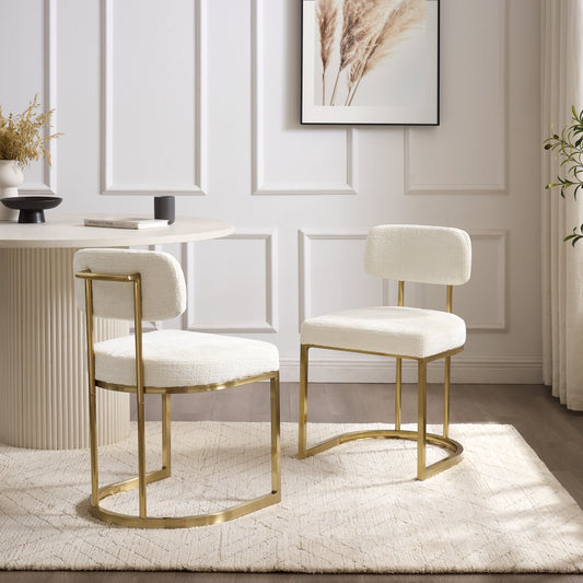 Chaise de salle à manger Rhea en tissu blanc avec cadre doré
