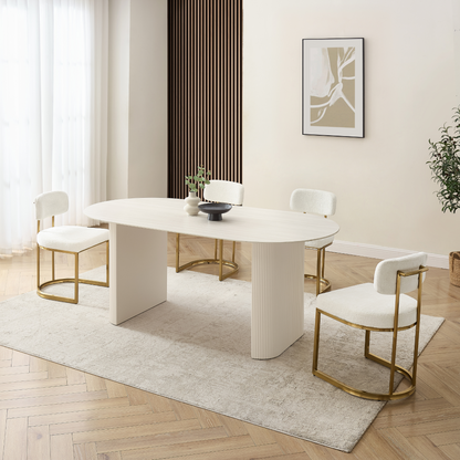 Table à manger Sofia en céramique blanche avec base côtelée crème