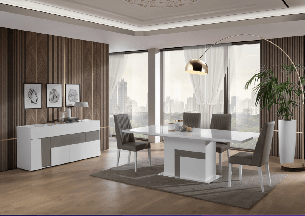 Collection de chaises de salle à manger Lux en laque blanche brillante et similicuir taupe