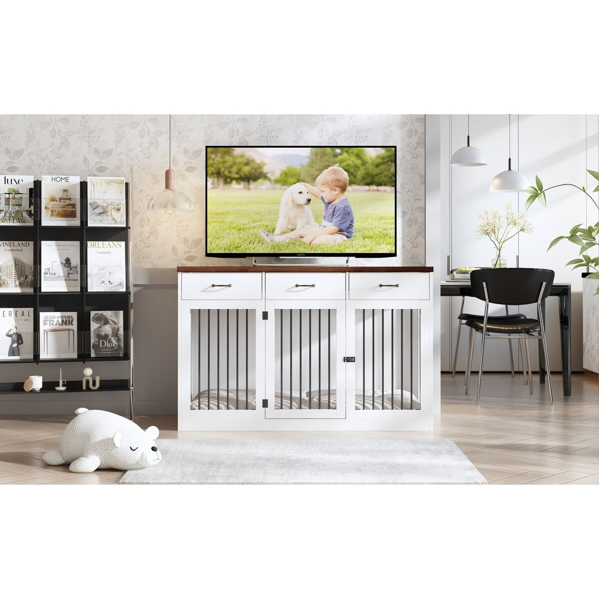 Élégant meuble de rangement en bois pour chien, 3 tiroirs