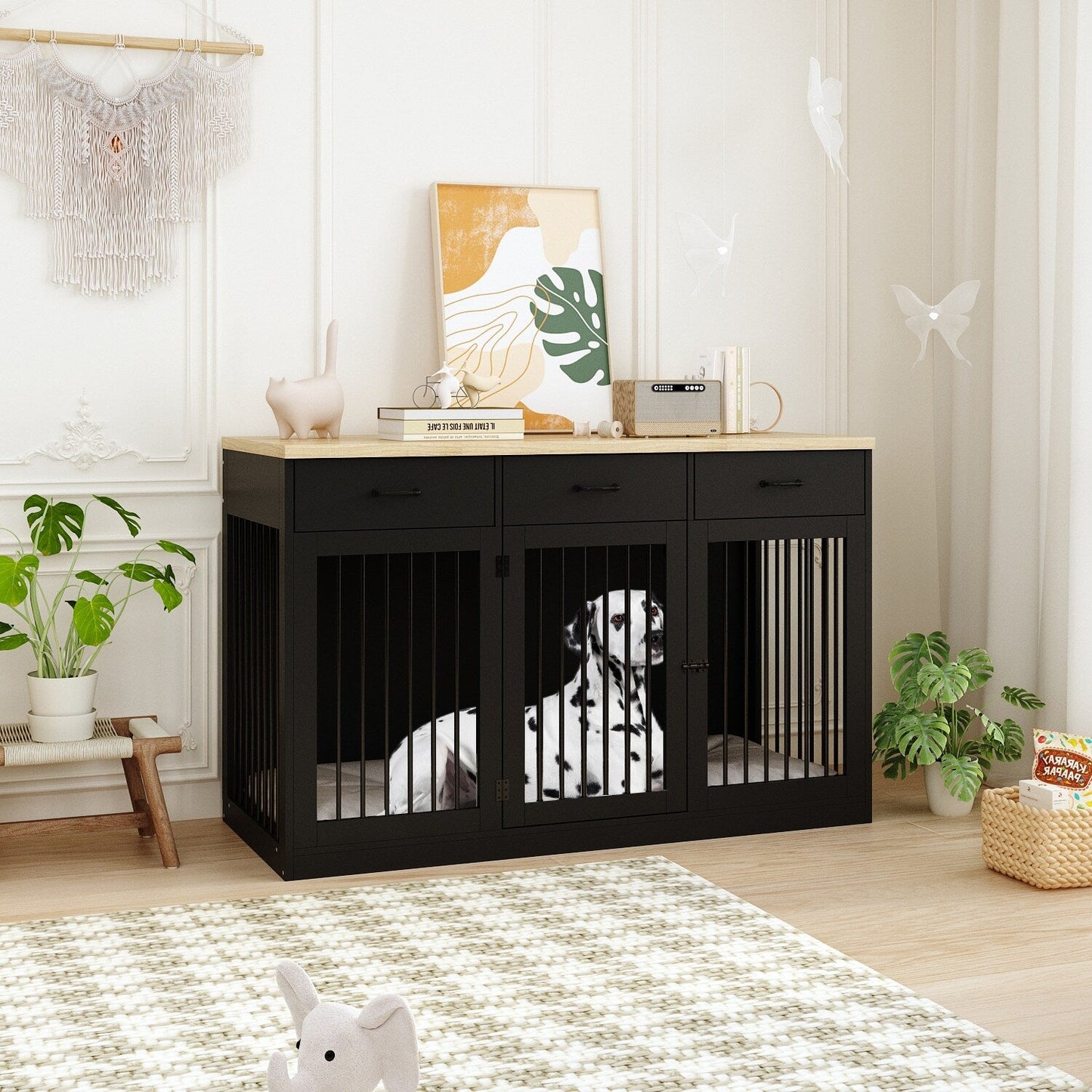 Élégant meuble de rangement en bois pour chien, 3 tiroirs