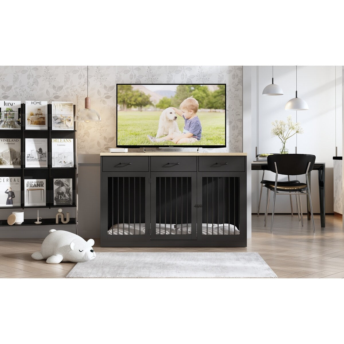 Élégant meuble de rangement en bois pour chien, 3 tiroirs