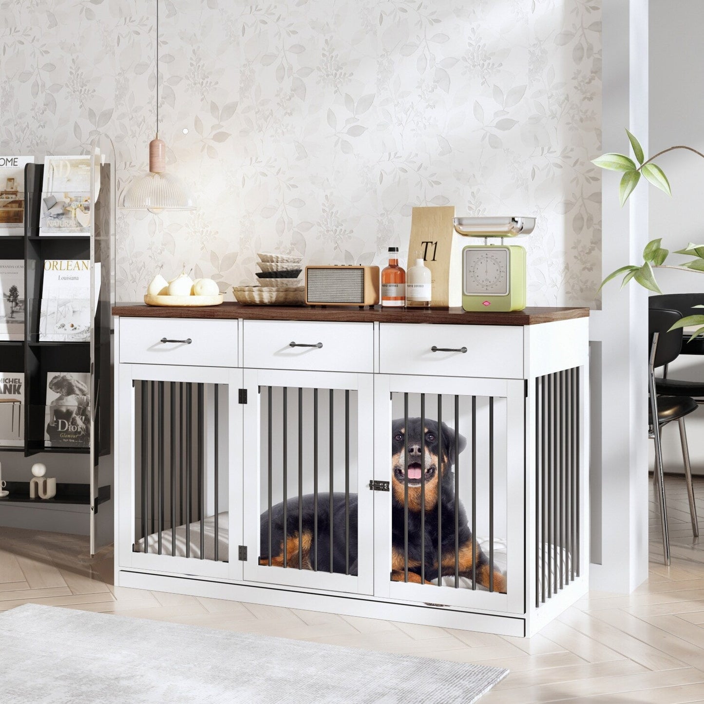 Élégant meuble de rangement en bois pour chien, 3 tiroirs