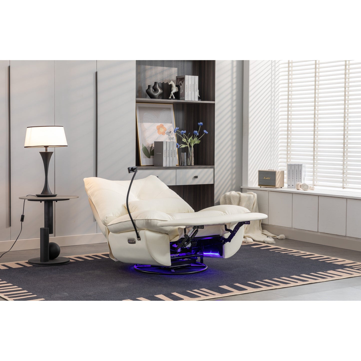 Fauteuil inclinable pivotant et électrique avec haut-parleurs Bluetooth, support de téléphone, ports de chargement USB et Type-C, rangement dissimulé dans les accoudoirs