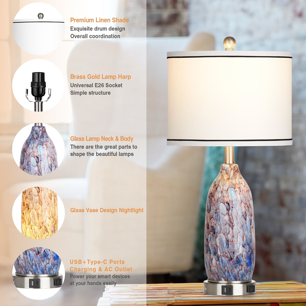 Lampe de table 2 en 1 avec veilleuse en verre indigo, ports de charge, prise secteur, abat-jour tambour, interrupteur tactile à intensité variable (lot de 2)