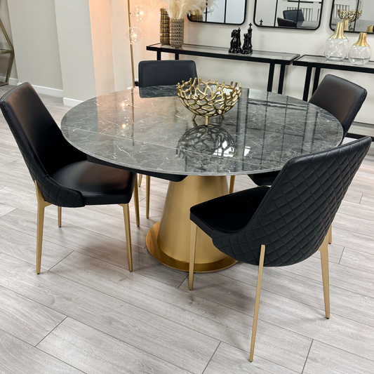 Table à manger ronde extensible en céramique noire effet marbre avec base dorée