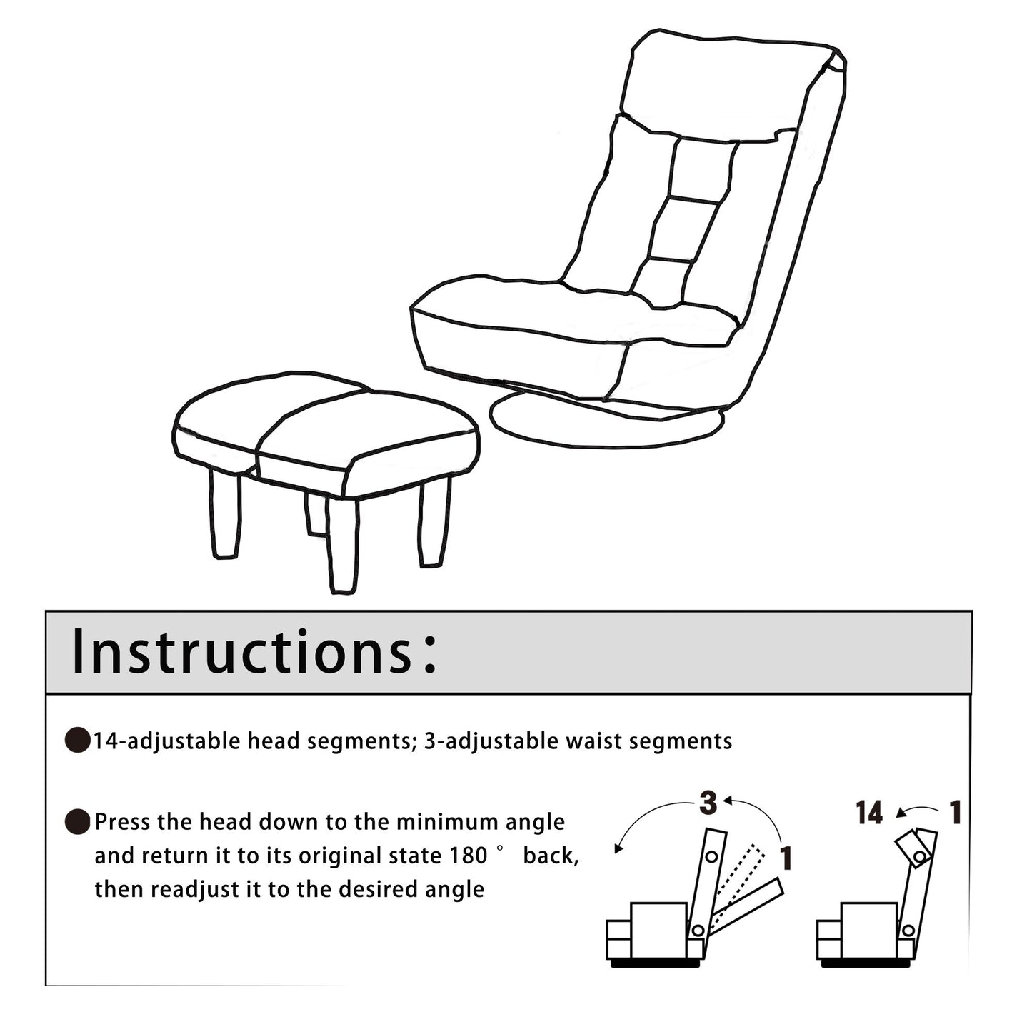 Ensemble de fauteuil inclinable rembourré sans accoudoirs avec pouf et appui-tête réglable