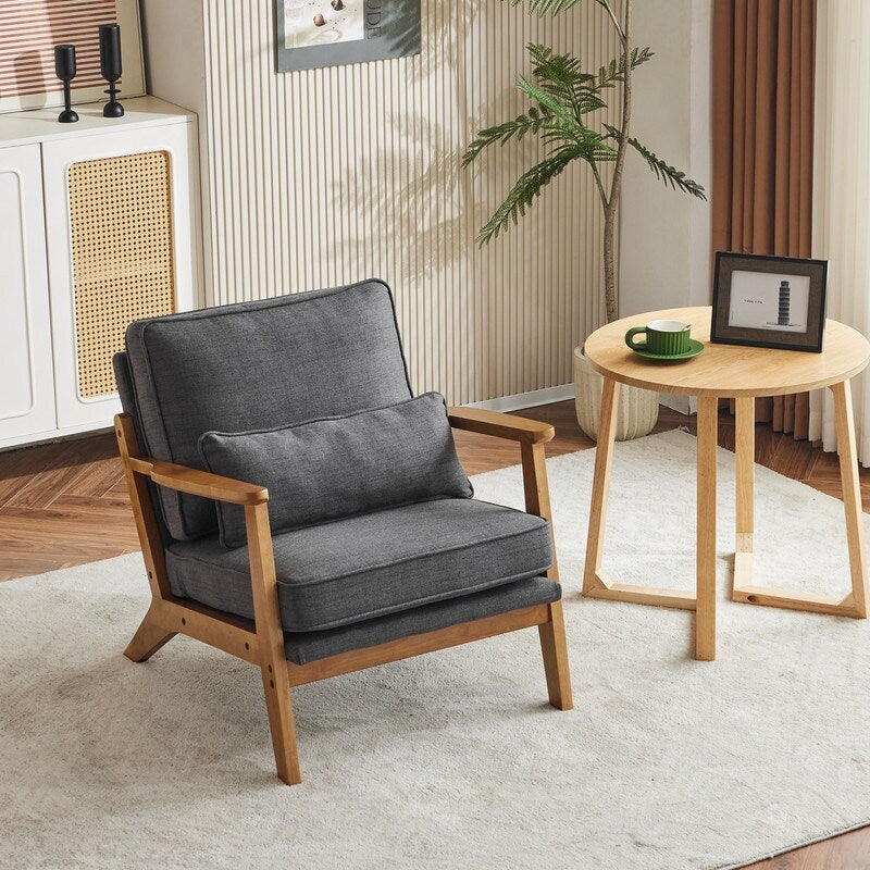 Fauteuil d'appoint rembourré en lin mélangé avec pieds en bois et un coussin beige