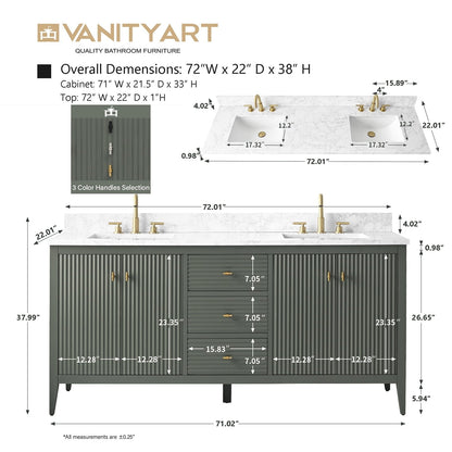 Meuble-lavabo double vasque Vanity Art 72 avec plateau en marbre reconstitué
