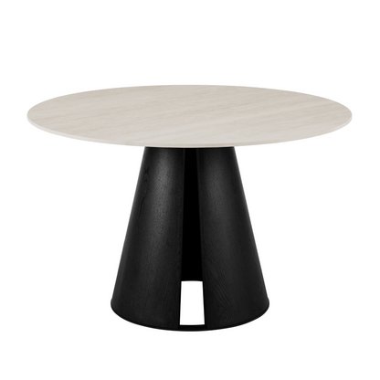 Table à manger ronde Maya en céramique crème clair avec base noire