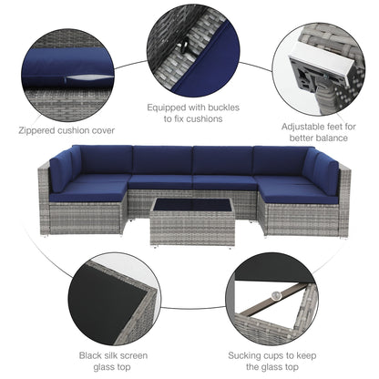 Ensemble de canapés d'extérieur sectionnels rembourrés en osier et acier, 7 pièces