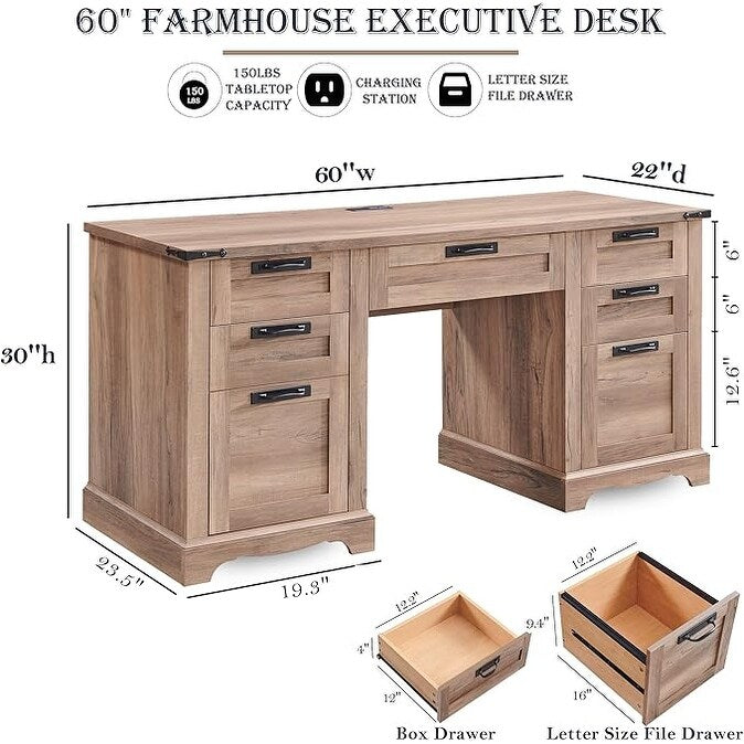 Bureau exécutif Farmhouse 60, bureau en bois pour la maison, bureau d'ordinateur