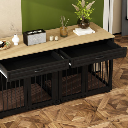 Cage double en bois pour chien avec 2 tiroirs et séparateur