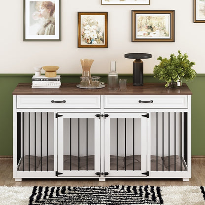 Cage double en bois pour chien avec 2 tiroirs et séparateur