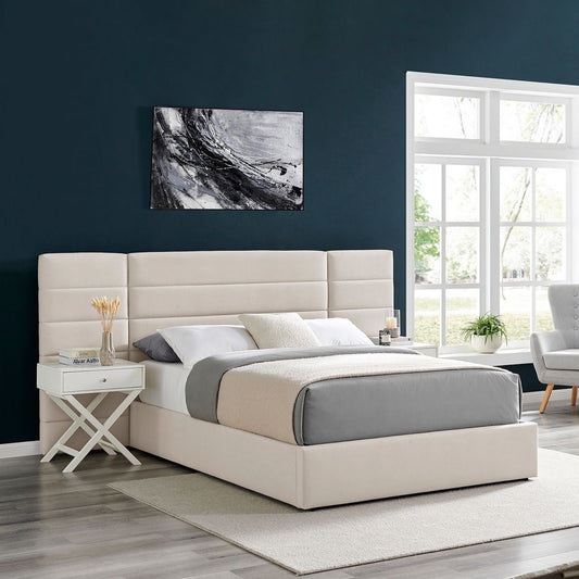 Lit king size avec rangement ottoman et tête de lit en tissu beige Amara