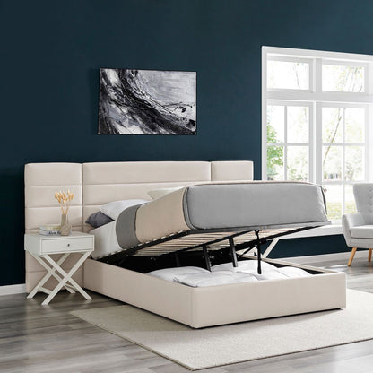 Lit king size avec rangement ottoman et tête de lit en tissu beige Amara