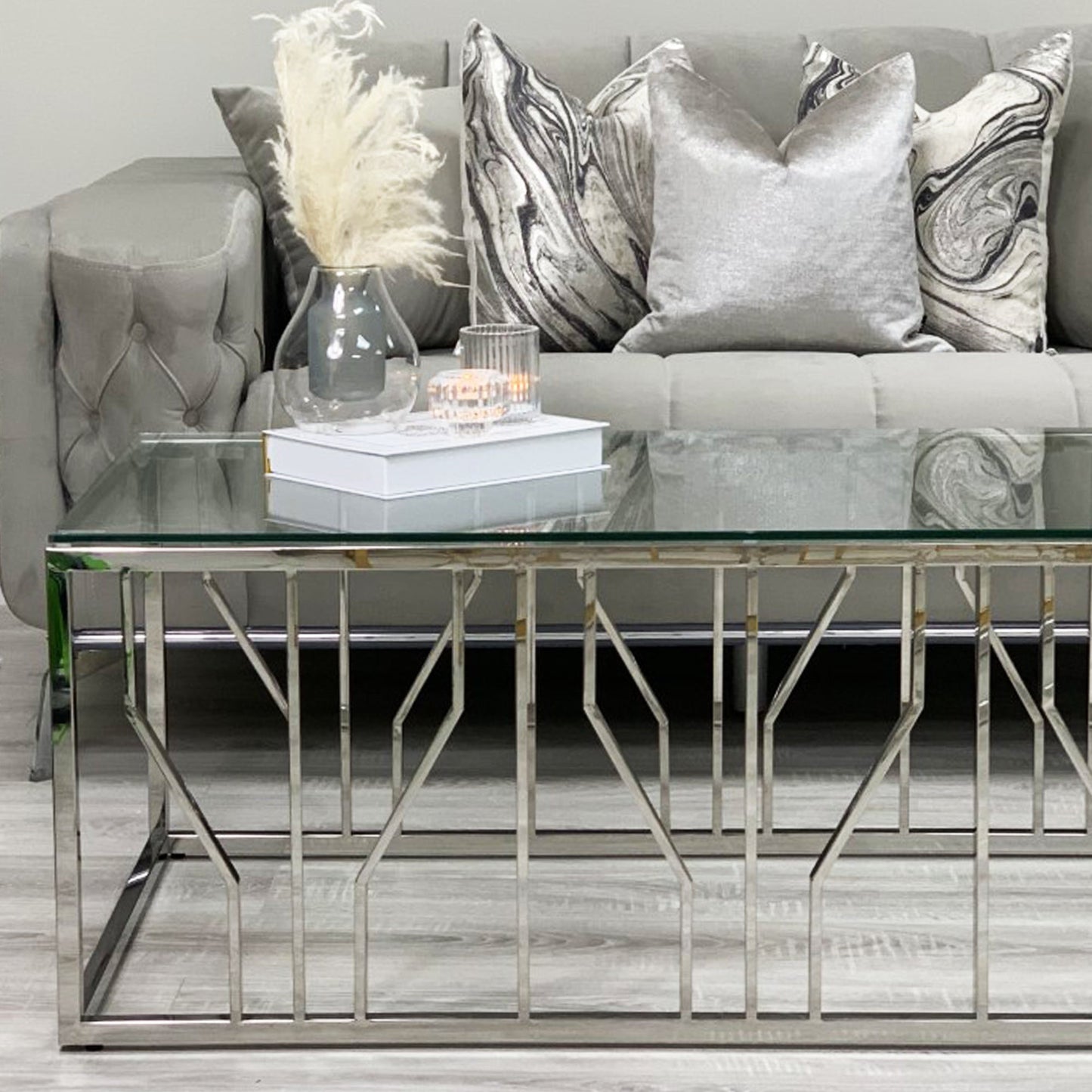 Table basse Aria Silver Deco avec plateau en verre transparent